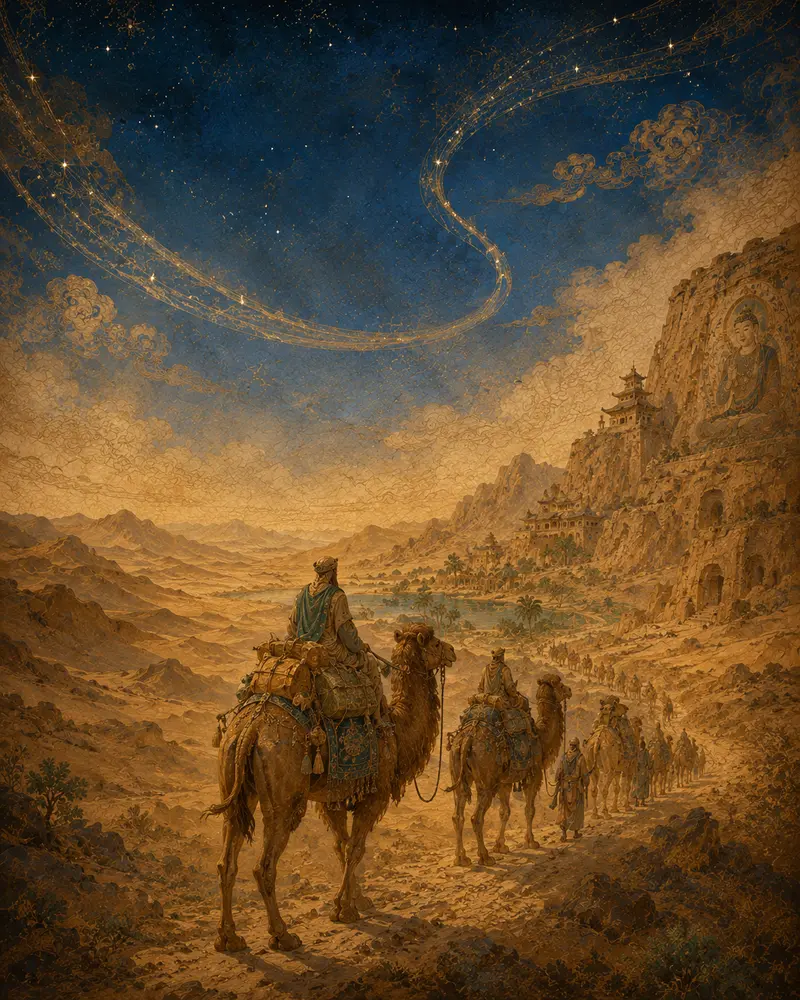 Silk Roads caravan crossing an ancient Central Asian landscape