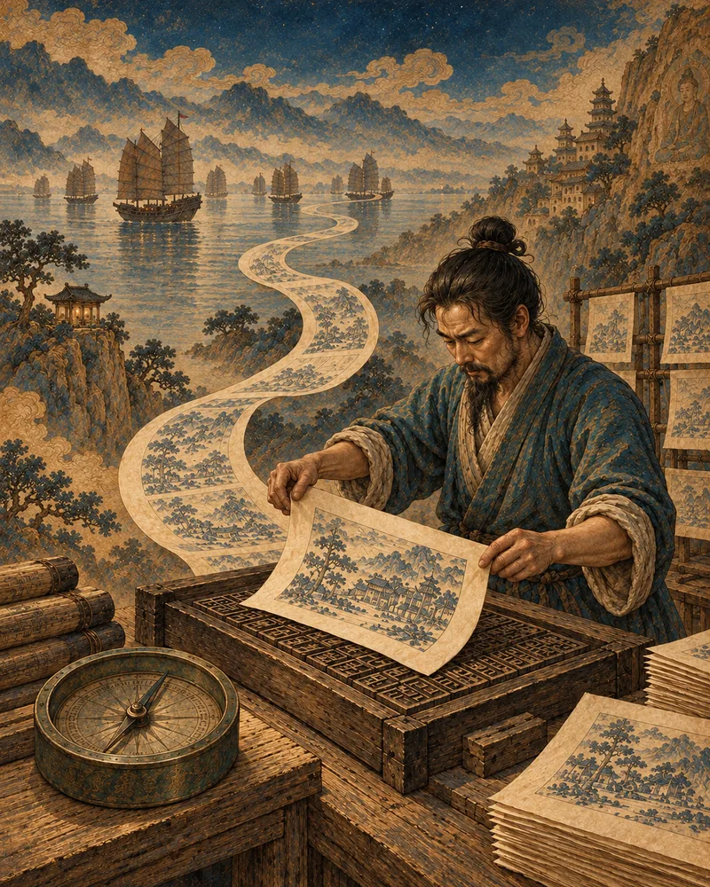 Woodblock printer lifting a sheet beside a bronze compass, with sailing ships beyond